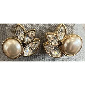 Gold Tone Earrings Faux Pearls Rhinestones Pierced